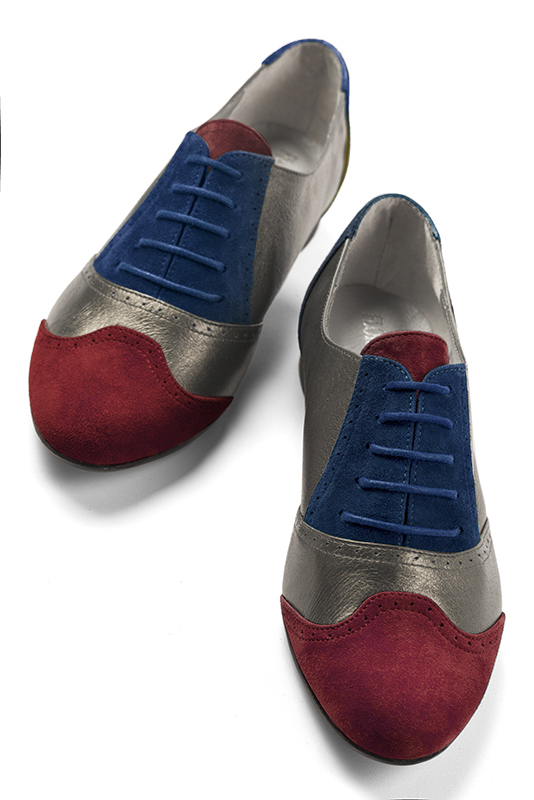 Burgundy red, taupe brown and navy blue women's fashion lace-up shoes. Round toe. Flat leather soles. Top view - Florence KOOIJMAN